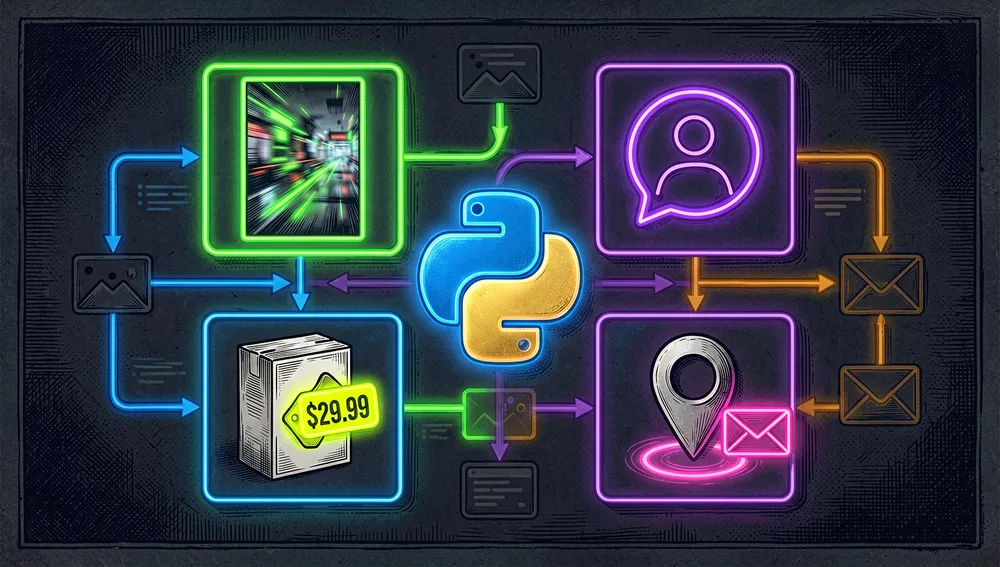 Diagrama de interfaz detallado en modo oscuro y estilo cyberpunk de un menú de línea de comandos con cuatro opciones, ultra detallado, acentos neón. La terminal muestra cuatro grandes paneles brillantes dispuestos en un diseño en cruz: un fotograma de vídeo vertical 9:16 para contenido corto, una burbuja circular de redes sociales para publicación automatizada, una caja de producto con etiqueta de precio para marketing de afiliados, y un pin de mapa conectado a un sobre de correo para prospección de negocios locales. Cada panel se enlaza a un cursor central de prompt de Python. Detrás de la interfaz, flujos de trabajo translúcidos muestran generación de guion, generación de imágenes, síntesis de voz, composición de vídeo, subida por navegador y entrega SMTP. Se usan azul eléctrico, verde neón, violeta y ámbar de advertencia para distinguir los cuatro flujos manteniendo un estilo cyberpunk oscuro cohesivo.