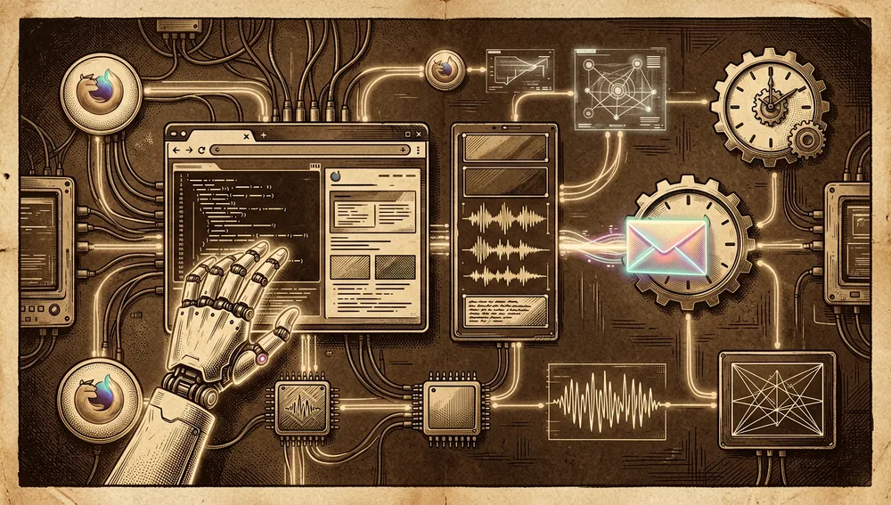 Visualización técnica cyberpunk de una pila de automatización, modo oscuro, acentos neón. Se muestra una ventana de navegador siendo dirigida por una mano robótica brillante, representando la automatización basada en Selenium, con una silueta similar a Firefox renderizada de forma abstracta. Al lado, una línea de tiempo de edición de vídeo ensambla fotogramas verticales, formas de onda de audio y bloques de subtítulos. Cerca, un reloj con engranajes rotatorios representa tareas programadas, y un pequeño sobre SMTP vuela a lo largo de una ruta de datos neón. Se incluyen representaciones abstractas de un nodo LLM local, un chip de voz TTS, una forma de onda de transcripción rápida y un motor de composición de imágenes. La escena transmite una tubería de desarrollador precisa, con cables, paneles de terminal y grafos de dependencia holográficos conectando cada componente.