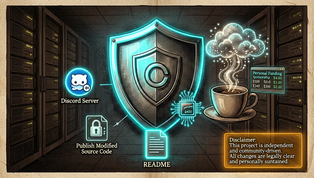 Imagen simbólica cyberpunk que representa estado, gobernanza y monetización de un proyecto, modo oscuro, ultra detallado, acentos neón. Se muestra un gran escudo brillante con un emblema copyleft de código abierto, conectado a un icono de documento README, un icono de servidor Discord, una taza de café con una nube de datos tipo vapor, y una insignia de patrocinio renderizada como un pequeño chip neón. Un sutil icono de servicio de red con un candado y un símbolo de compartición de código transmite el requisito de publicar el código fuente modificado cuando se ofrece como servicio. El fondo incluye una sala de servidores comunitaria, un pequeño panel de financiación personal y un panel de descargo de responsabilidad transparente brillando en ámbar neutro. El ánimo debe ser equilibrado: independiente, impulsado por la comunidad, legalmente claro y sostenido personalmente.