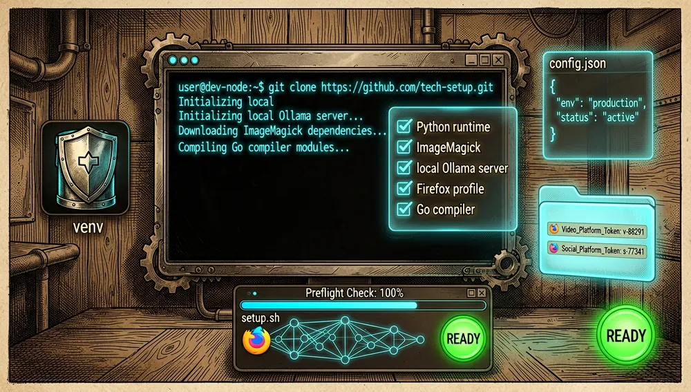 Ilustración cyberpunk práctica de inicio rápido para una configuración de desarrollador, modo oscuro, ultra detallado, acentos neón. Se muestra una ventana de terminal oscura con líneas de comando abstractas fluyendo en cian brillante, junto a un holograma de lista de verificación con cinco elementos brillantes: runtime de Python, ImageMagick, servidor Ollama local, perfil de Firefox y compilador Go. Un icono de entorno virtual aparece como un pequeño contenedor blindado, y un archivo de configuración JSON flota con pares clave-valor representados como bloques brillantes. Una carpeta de perfil de navegador Firefox brilla con dos tokens de cuenta, uno para plataforma de vídeo y otro para plataforma social. Se incluye un icono de script de configuración ejecutando una comprobación previa, con barras de progreso, grafos de dependencia y una luz final verde de «listo». La escena transmite una secuencia de incorporación clara para un usuario técnico.