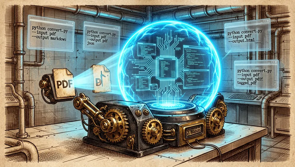 Visualización cyberpunk en modo oscuro de procesamiento de documentos local-first y air-gapped. Una estación de trabajo local segura en primer plano, con un icono de archivo PDF alimentando un motor Java brillante y una interfaz wrapper de Python. Sin iconos de nube, sin cables de red externos; en su lugar, todos los flujos de datos permanecen dentro de un campo de contención neón translúcido alrededor de la máquina. Ventanas de terminal muestran comandos de conversión y formatos de salida: Markdown, JSON, HTML y Tagged PDF. El entorno se siente privado, determinista y seguro para empresas, con iluminación azul fría, líneas de cuadrícula sutiles y una atmósfera de laboratorio de alta tecnología. Ultra detallado, cinematográfico, estética cyberpunk, acentos neón, resolución 8K.