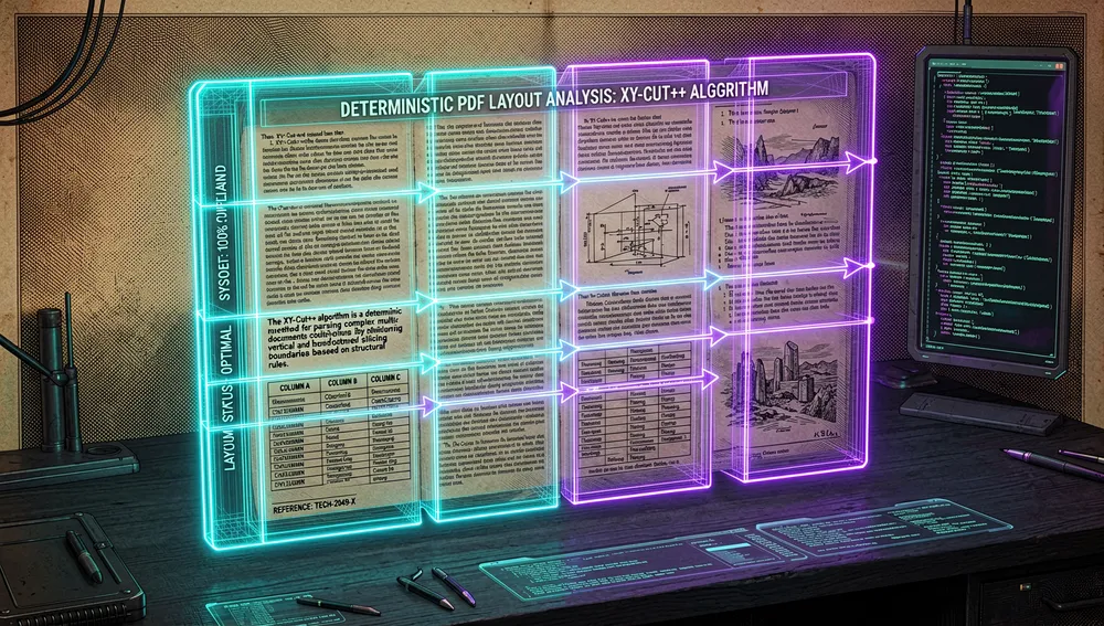 Imagen conceptual detallada de un parser de layout de PDF determinista usando un algoritmo de orden de lectura XY-Cut++. Una página de documento compleja multicolumna se muestra dividida por líneas de corte verticales y horizontales brillantes, con flechas neón trazando el orden de lectura correcto a través de columnas, barras laterales, notas al pie y layouts mixtos. La página se renderiza como un wireframe holográfico en un espacio de trabajo tecnológico oscuro, con cajas delimitadoras resaltando párrafos, encabezados, tablas, listas e imágenes. La imagen transmite precisión, velocidad e inteligencia basada en reglas, con contornos neón cian y violeta, un fondo negro carbón y paneles de diagnóstico futuristas mostrando análisis de layout. Ultra detallado, estética tecnológica cyberpunk, resolución 8K.