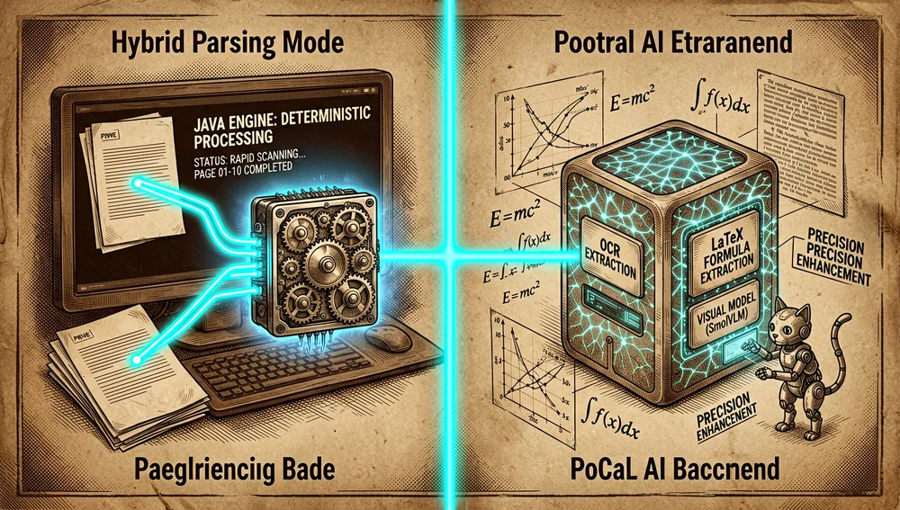 Visualización de datos de alta definición en modo oscuro y estilo cyberpunk de extracción de PDF con cajas delimitadoras y citas de fuente. Una página PDF brillante está superpuesta con rectángulos neón translúcidos marcando tramos de texto, tablas, encabezados e imágenes. Cada rectángulo se conecta mediante finas líneas luminosas a tarjetas de datos JSON que muestran coordenadas en el formato de valores izquierda, abajo, derecha y arriba. En el fondo, una visualización de pipeline RAG muestra fragmentos siendo indexados y recuperados, con un resaltado de «clic a la fuente» que enlaza una respuesta de vuelta a la ubicación exacta del PDF. La escena enfatiza datos estructurados, trazabilidad y recuperación lista para IA, usando modo oscuro, acentos azul eléctrico y magenta, elementos de UI de terminal y gráficos futuristas ultra detallados. Resolución 8K.