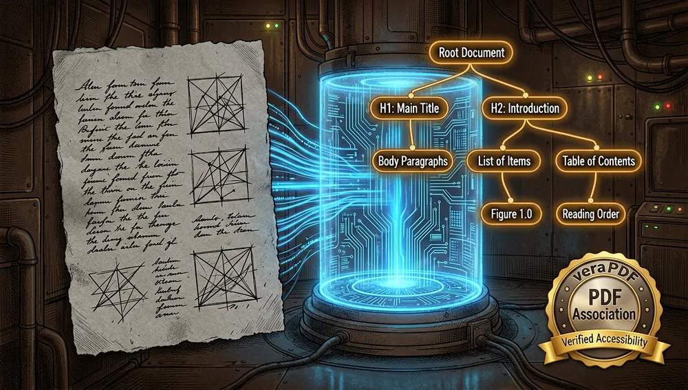 Imagen dramática centrada en accesibilidad y estilo cyberpunk que muestra un PDF sin etiquetar siendo transformado en un Tagged PDF. Una página de documento tosca y sin estructura entra en un motor de etiquetado semántico brillante y emerge como un árbol semántico limpio y organizado con nodos etiquetados para encabezados, párrafos, listas, tablas, figuras y orden de lectura. Una insignia de validación inspirada en la PDF Association y veraPDF aparece como un sello luminoso de corrección. La imagen enfatiza la accesibilidad como una característica de primera clase, con destacados ámbar cálidos para etiquetas de estructura, flujos de datos azul frío y un fondo de laboratorio de alta tecnología oscuro. Ultra detallado, ilustración técnica profesional, acentos neón, resolución 8K.
