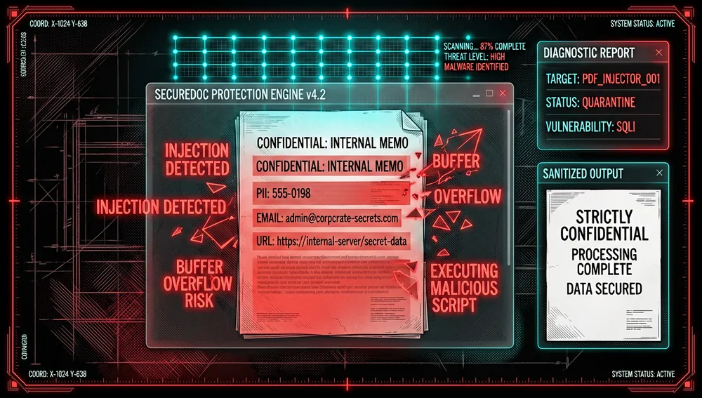 Imagen temática de seguridad en modo oscuro y estilo cyberpunk que muestra protección anti-inyección de IA para PDFs. Un PDF sospechoso contiene texto invisible oculto, fuentes transparentes, contenido fuera de página e inyecciones de prompt maliciosas renderizadas como tenue texto fantasma rojo y glifos corruptos. Un motor de filtro neón escanea el documento y elimina o enmascara las amenazas, reemplazando datos sensibles como correos, URLs y números de teléfono con marcadores de redacción brillantes. La escena incluye una cuadrícula tipo firewall segura, advertencias de diagnóstico y un documento de salida limpio y sanitizado. El ánimo debe ser vigilante, preciso y de nivel empresarial, con modo oscuro, acentos neón rojo y cian, superposiciones de UI ultra detalladas, y resolución 8K.
