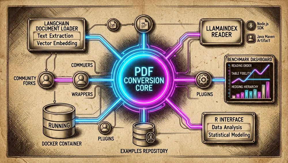 Visualización de ecosistema amplio de un parser de PDF de código abierto integrado en herramientas modernas de IA. En el centro, un núcleo brillante de conversión de PDF se conecta a múltiples nodos de integración: cargador de documentos LangChain, lector LlamaIndex, SDK de Node.js, artefacto Maven de Java, contenedor Docker, interfaz R, repositorio de ejemplos y panel de benchmark. El panel de benchmark muestra métricas de orden de lectura, fidelidad de tablas y jerarquía de encabezados con gráficos neón y barras de clasificación. Forks y wrappers comunitarios orbitan alrededor del núcleo principal como nodos conectados más pequeños. La composición completa se siente como una plataforma de código abierto viva, con modo oscuro, líneas neón cyberpunk, acentos azules y magenta, tipografía de terminal y arquitectura futurista ultra detallada. Resolución 8K.