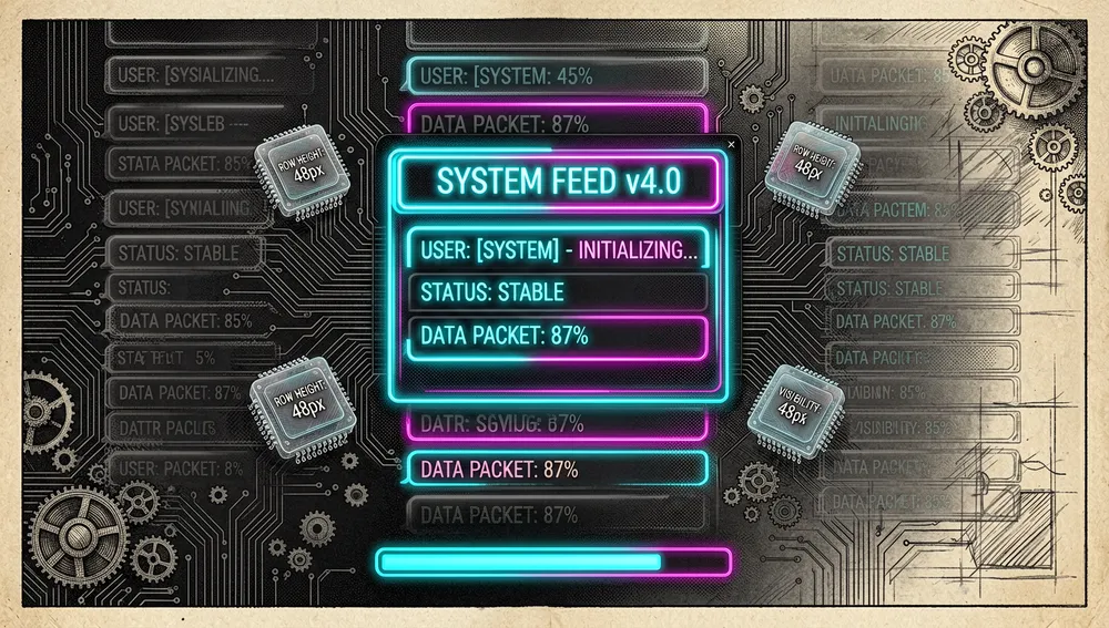 Cyberpunk-Visualisierung von Textvirtualisierung und Streaming-Oberflächen: ein hoch scrollender Feed aus chatähnlichen Zeilen, Kommentaren, Benachrichtigungen und Changelog-Einträgen, gerendert als leuchtende abstrakte Textblöcke, ein virtuelles Viewport hebt nur die sichtbaren Zeilen hervor, während Zeilen außerhalb des Bildschirms zu Wireframes mit niedriger Opazität verblassen, ein Neon-Scroll-Indikator verfolgt die Position, schwebende Messchips sagen Zeilenhöhen vor dem Rendern voraus, die Szene legt flüssige Leistung in langen Listen, Nachrichtenströmen, Feeds und Echtzeit-UIs nahe, ultra-detailliert, 8K-Auflösung, Dark Mode, Cyberpunk-/Tech-Ästhetik, Neon-Akzente, kein lesbarer Text.