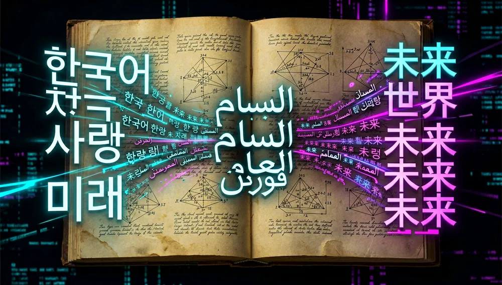 Visuell reichhaltige mehrsprachige Textlayout-Szene: abstrakte Glyphen-Cluster, die Koreanisch, arabisches RTL, Chinesisch, Thai, Japanisch und Emoji-Zeichen darstellen, fließen über eine dunkle Cyberpunk-Leinwand, bidirektionale Textsegmente krümmen sich umeinander mit neonfarbenen Richtungspfeilen, Zeilenumbruch-Entscheidungen werden als leuchtende Nähte zwischen Graphemen gezeigt, ein schwaches offenes Buch im Hintergrund verweist auf lange gemeinfreie Validierungsdokumente, die Komposition vermittelt Genauigkeit über Sprachen, komplexe Schriftsysteme, gemischten RTL/LTR-Inhalt und plattformspezifisches Emoji-Rendering hinweg, ultra-detailliert, 8K-Auflösung, Dark Mode, Cyberpunk-/Tech-Ästhetik, Neon-Akzente, kein lesbarer Text.