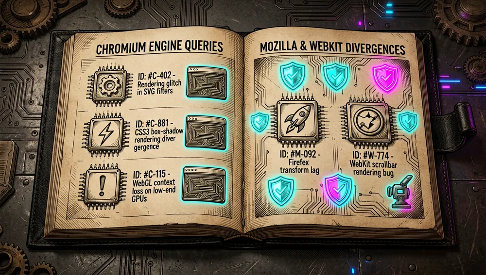 Cyberpunk-Buchhaltungsvisualisierung für die Verfolgung von Plattform-Bugs: ein leuchtendes holografisches Kontobuch öffnet sich, um Einträge für Chromium-, Mozilla- und WebKit-Eigenheiten zu offenbaren, jeder Bug erscheint als kleiner Neon-Chip mit Reproduktions-Icons, Milderungs-Schilden und Fähigkeitserkennungs-Markern, schwache Browser-Engine-Logos werden als Wireframe-Schaltkreismuster abstrahiert, die Gesamtstimmung ist ehrlich, präzise und systemorientiert und betont dokumentierte Abweichung von echten Browsern statt universeller Perfektion, ultra-detailliert, 8K-Auflösung, Dark Mode, Cyberpunk-/Tech-Ästhetik, Neon-Akzente, kein lesbarer Text.