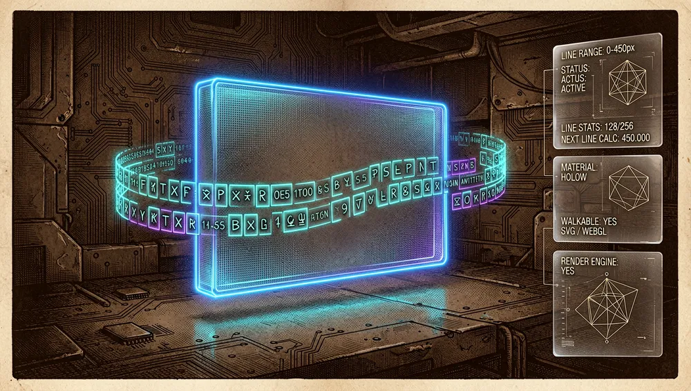 Dunkle futuristische Szene, die manuelle Zeilenbereichskontrolle für Textrendering zeigt: ein Absatz aus abstrakten Glyphenzeilen fließt um ein schwebendes holografisches Bildhindernis herum, jede Zeile ist eine leuchtende Box, die einzeln durchlaufen, gemessen und materialisiert werden kann, Seitenpanels zeigen Zeilenbereiche, Statistiken pro Zeile und Berechnungen der nächsten Zeile, die Komposition legt Canvas-, SVG-, WebGL- und benutzerdefinierte Rendering-Anwendungsfälle nahe, mit präziser typografischer Geometrie und ohne Abhängigkeit vom vollständigen Seiten-DOM, ultra-detailliert, 8K-Auflösung, Dark Mode, Cyberpunk-/Tech-Ästhetik, Neon-Akzente, kein lesbarer Text.