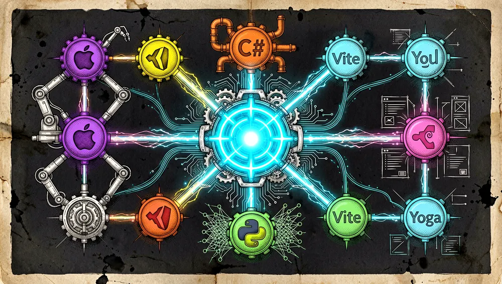 Cyberpunk-Ökosystemkarte einer Textlayout-Bibliothek, die sich über Programmiersprachen und Plattformen ausbreitet: ein zentraler leuchtender Kern verbindet sich mit Satellitenknoten für Swift, C#, Dart, Flutter, Python, Unity, React Native, Vite, Yoga-basiertes DOM-loses Layout und Webcam-Typografie-Experimente, jeder Knoten hat einen eigenen Neon-Farbton und ein abstraktes Plattform-Icon, Datenströme pulsieren zwischen ihnen, die Szene vermittelt schnelle Adoption, Ports, Adapter und Community-Expansion, ohne lesbare Beschriftungen zu zeigen, ultra-detailliert, 8K-Auflösung, Dark Mode, Cyberpunk-/Tech-Ästhetik, Neon-Akzente, kein lesbarer Text.
