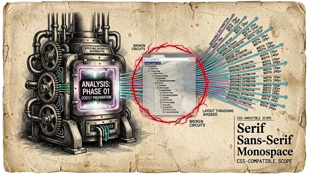 Konzeptionelles Cyberpunk-Diagramm zur Leistungsphilosophie: eine teure Vorbereitungsphase wird als dichte leuchtende Schmiede dargestellt, die Text einmal analysiert, während sich viele billige Layoutphasen in wiederholte Neon-Zeilenberechnungen über wechselnde Breiten hinweg auffächern, ein geisterhafter Browser-Layoutbaum wird vollständig umgangen, Reflow und Layout-Thrashing werden als vermiedene defekte rote Schaltkreise dargestellt, das Bild betont die Trennung von kostspieliger Analyse und wiederholbarer Verteilung, die Referenz auf die Browser-Font-Engine und einen bewusst engen, CSS-kompatiblen Umfang, ultra-detailliert, 8K-Auflösung, Dark Mode, Cyberpunk-/Tech-Ästhetik, Neon-Akzente, kein lesbarer Text.