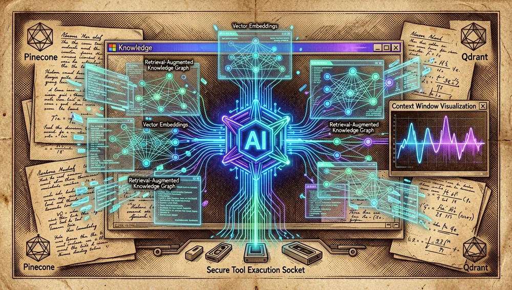 Escena detallada en modo oscuro y estilo cyberpunk que muestra un agente de IA usando herramientas y RAG agéntico, con un núcleo de agente brillante alcanzando interfaces holográficas de herramientas, fragmentos de base de datos, embeddings vectoriales como una constelación luminosa, grafos de conocimiento aumentados por recuperación, paneles de documentos, glifos de conector Pinecone y Qdrant, visualización de ventana de contexto, zócalos seguros de ejecución de herramientas, acentos azul, cian y violeta neón, diseño de software futurista inspirado en Microsoft, ultra detallado, resolución 8K.
