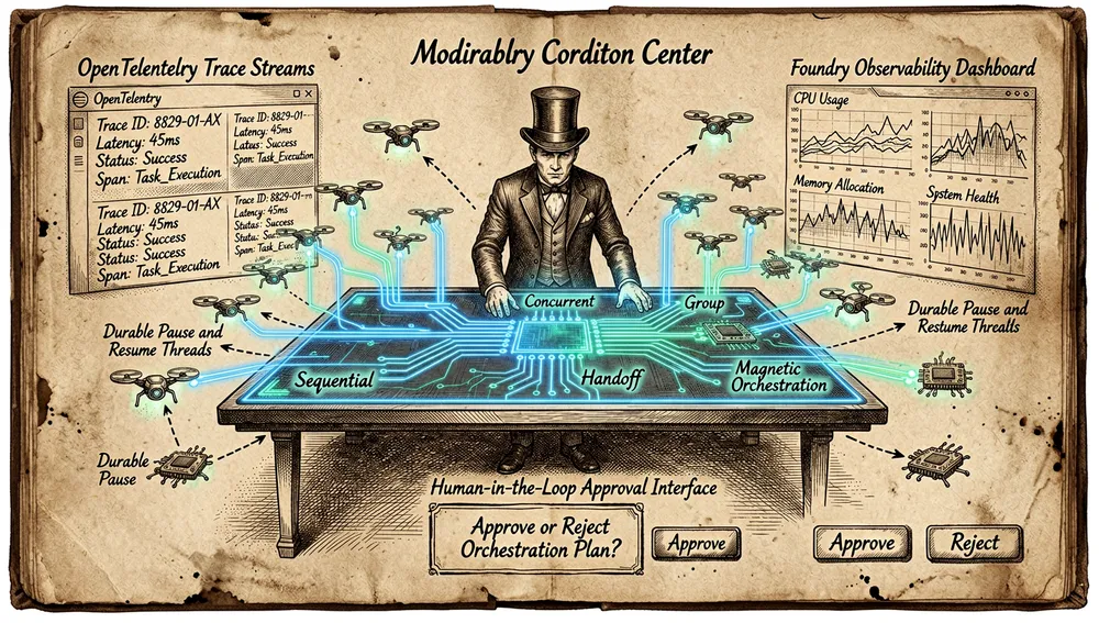 Centro de comando cyberpunk oscuro que visualiza patrones de orquestación multiagente, con flujos de orquestación secuencial, concurrente, de grupo, de handoff y magnética renderizados como rutas holográficas brillantes, un agente gestor creando y modificando una lista de tareas, subagentes representados como drones luminosos o nodos de circuito, flujos de traza de OpenTelemetry, paneles de observabilidad de Foundry, hilos duraderos de pausa y reanudación, interfaz de aprobación humana en el bucle, acentos neón, ultra detallado, resolución 8K, estética de infraestructura de IA empresarial.
