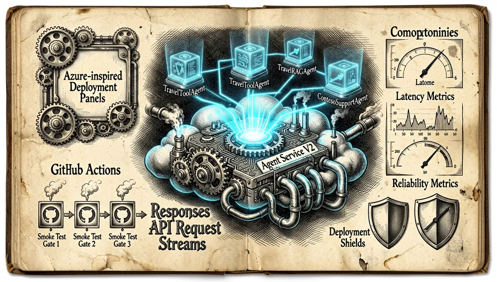 Escena de despliegue de producción en modo oscuro y estilo cyberpunk para agentes de IA escalables, mostrando Microsoft Foundry Agent Service V2 como un plano de control de nube brillante, paneles de despliegue inspirados en Azure, flujos de solicitud de Responses API, compuertas de flujo de trabajo de pruebas de humo de GitHub Actions, métricas de latencia y fiabilidad, paneles de observabilidad, escudos de despliegue, instancias de agente multi-región, y un TravelAgent, TravelToolAgent, TravelRAGAgent y ContosoSupportAgent centrales como nodos de servicio holográficos etiquetados, acentos azul y teal neón, ultra detallado, resolución 8K.