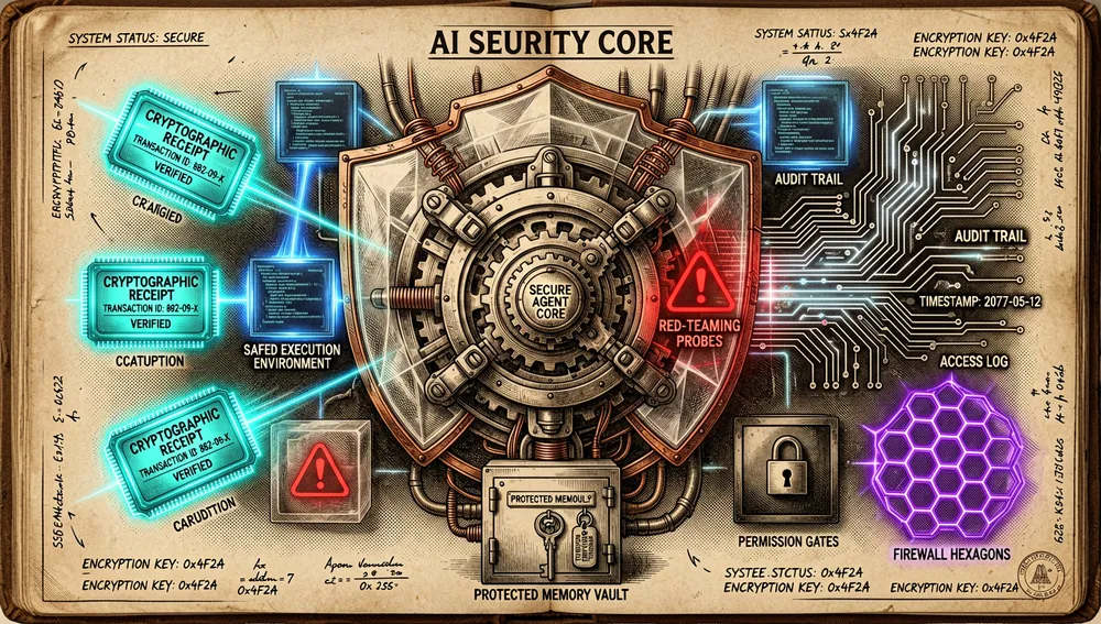 Visualización cyberpunk oscura de seguridad y confianza para agentes de IA, con recibos criptográficos como chips de libro mayor brillantes, rastros de auditoría, compuertas de permisos, hexágonos de firewall, entornos de ejecución en sandbox, sondas de red-teaming, límites seguros de llamada a herramientas, tokens de identidad confiable y bóvedas de memoria protegidas, con un núcleo de agente central seguro rodeado de capas de escudo, acentos neón cian, violeta y un sutil naranja de advertencia, estética de seguridad empresarial inspirada en Microsoft, ultra detallado, resolución 8K.