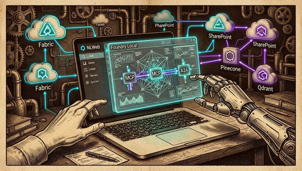 Escena cyberpunk en modo oscuro que ilustra agentes de IA locales e interoperables, con un holograma de portátil representando Foundry Local, puentes de protocolo MCP y A2A como conductos brillantes de estándar abierto, elementos de interfaz NLWeb, manos de agente de uso de navegador y de computadora interactuando con escritorios virtuales, nodos conectores agnósticos de nube a Fabric, SharePoint, Pinecone y Qdrant, acentos azul, teal y violeta neón, diseño futurista de interoperabilidad inspirado en Microsoft, ultra detallado, resolución 8K.
