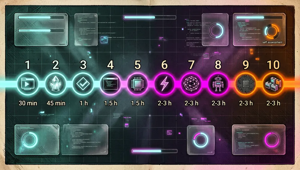 Detailed section image showing a ten-module learning roadmap for Claude Code, rendered as a dark cyberpunk navigation map. Ten glowing numbered nodes are arranged along a curved neon path from left to right, representing slash commands, memory, checkpoints, CLI, skills, hooks, MCP, subagents, advanced features, and plugins. Each node is a distinct holographic icon: a command prompt, a memory crystal, a checkpoint diamond, a terminal window, a reusable skill chip, a hook lightning bolt, an MCP network sphere, a subagent robot, a complex circuit, and a plugin bundle. Time estimates appear as small luminous labels such as "30 min," "45 min," "1 h," "1.5 h," and "2-3 h." The path transitions from soft cyan for beginner modules to intense magenta and orange for advanced modules. In the background, a dark mode dashboard shows progress bars, module completion rings, and a small "self-assessment" badge. The composition feels like a futuristic course map, with glass panels, neon grid lines, floating code fragments, ultra-detailed materials, volumetric glow, cinematic depth, 8K resolution.
