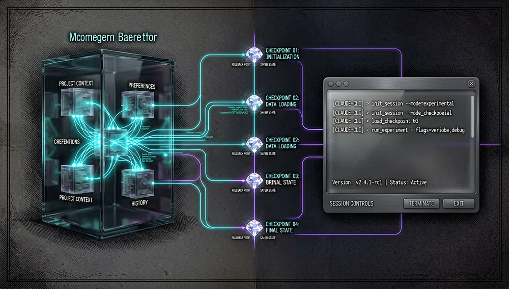 Section image illustrating memory, checkpoints, and CLI concepts in Claude Code, designed as a dark futuristic system architecture visual. On the left, a glowing memory vault contains structured knowledge blocks labeled with abstract tags such as project context, preferences, conventions, and history, connected by cyan data streams. In the center, a vertical timeline of checkpoints appears as luminous crystal diamonds, each representing a saved state, rollback point, or experiment branch. On the right, a sleek CLI terminal shows command-line interactions, flags, session controls, and version metadata. Thin neon lines link the memory vault, checkpoint timeline, and CLI panel, showing how context persists across sessions. The visual style is precise and technical, with dark glass surfaces, holographic labels, circuit-board details, subtle depth of field, neon cyan and violet lighting, ultra-detailed rendering, 8K resolution.