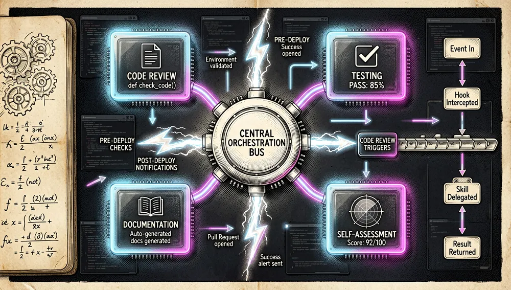 Section image about skills and hooks in Claude Code, presented as a modular cyberpunk automation system. Reusable skill modules appear as polished neon chips with icons for code review, testing, documentation, deployment, and self-assessment. Each skill chip emits a soft blue or magenta aura and connects to a central orchestration bus. Around the bus, hook lightning bolts trigger event-based actions: pre-deploy checks, post-deploy notifications, code review triggers, context updates, and logging events. A small pipeline diagram shows an event entering the system, being intercepted by a hook, delegated to a skill, and returning a result. The background contains dark mode code panels, event logs, and glowing workflow arrows. The image should feel like a practical developer tool, not a generic robot illustration, with clean technical details, neon accents, glassmorphism, ultra-detailed materials, 8K resolution.