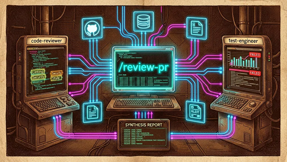 Section image depicting MCP servers and subagents working together in an automated code-review pipeline. A central Claude Code terminal issues a glowing "/review-pr" command, which connects through a neon MCP network to external systems represented by holographic icons: GitHub pull requests, code repositories, issue trackers, and test environments. Two distinct subagent avatars appear as sleek cyberpunk operator panels: one labeled "code-reviewer" and another labeled "test-engineer," each analyzing different parts of a pull request. The code-reviewer panel highlights linting, security, and style checks, while the test-engineer panel shows test coverage, failing tests, and generated test suggestions. Data streams flow between the MCP nodes, subagents, and a final synthesis panel that combines findings into a clean review report. The atmosphere is dark, technical, and futuristic, with neon cyan, magenta, and amber accents, glassmorphic panels, ultra-detailed UI, 8K resolution.