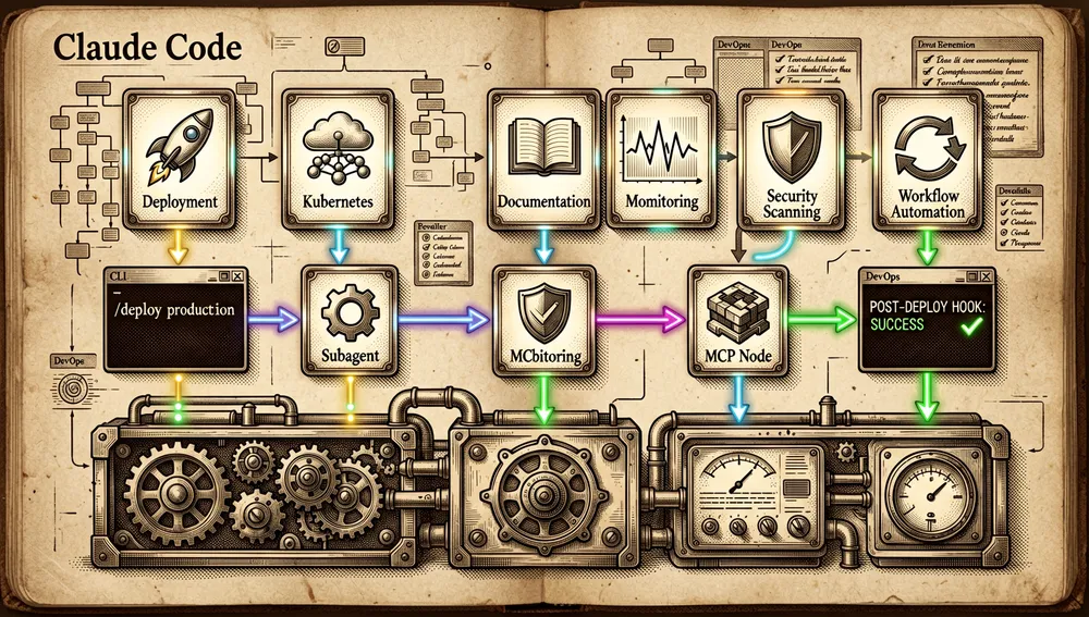Section image focused on advanced features and plugins for Claude Code, shown as a layered futuristic plugin stack. At the bottom, a stable core layer represents the base CLI and agent runtime. Above it, modular plugin bundles float as glowing rectangular cards, each containing icons for deployment, Kubernetes, documentation generation, monitoring, security scanning, and workflow automation. A DevOps deployment pipeline runs horizontally across the image: a "/deploy production" command triggers a pre-deploy hook, delegates to a deployment subagent, connects to Kubernetes through an MCP node, and finishes with a post-deploy hook. The pipeline is visualized with neon arrows, status lights, and terminal logs. In the background, advanced feature panels show complex configuration trees, permission scopes, and integration endpoints. The overall look is dark mode, cyberpunk, ultra-detailed, with neon accents, volumetric lighting, glass panels, and 8K resolution.