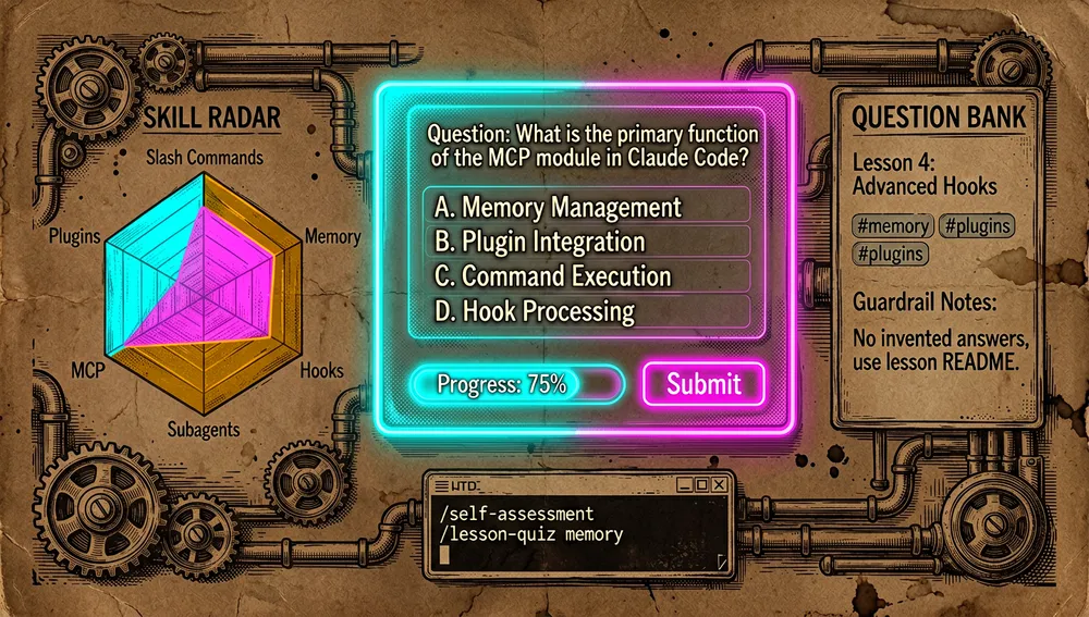 Section image showing the self-assessment and lesson-quiz experience inside Claude Code, rendered as an interactive dark-mode learning interface. A central holographic quiz panel displays a question card with multiple-choice options, a progress indicator, and a neon "submit" button. To the left, a skill radar chart visualizes knowledge areas such as slash commands, memory, hooks, MCP, subagents, and plugins, with different sections highlighted in cyan, magenta, and amber. To the right, a question-bank panel shows lesson references, topic tags, and guardrail notes such as "no invented answers" and "use lesson README." A small terminal window displays commands like "/self-assessment" and "/lesson-quiz memory." The composition should feel like an adaptive learning system, with clean UI, glowing progress rings, subtle holographic depth, dark cyberpunk aesthetic, ultra-detailed textures, 8K resolution.