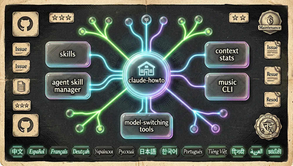 Section image representing the ecosystem, community, and translation layer surrounding Claude How To. A central repository icon labeled "claude-howto" sits above a dark cyberpunk network map, connected to sibling projects such as skills, agent skill manager, context stats, music CLI, and model-switching tools. Around the central icon, small community fork nodes glow at varying intensities, representing personal learning copies and minor derivatives. A translation band encircles the lower part of the image, showing multilingual labels for Chinese, Spanish, French, German, Ukrainian, Russian, Japanese, Korean, Portuguese, Vietnamese, Hindi, Arabic, and Tamil, each rendered as a subtle neon text chip. The background includes GitHub-style repository cards, star-count indicators, issue and pull-request icons, and a maintenance badge suggesting synchronization with Claude Code releases. The image should feel like a living open-source ecosystem, with dark mode, neon network lines, glassmorphic cards, ultra-detailed rendering, 8K resolution.