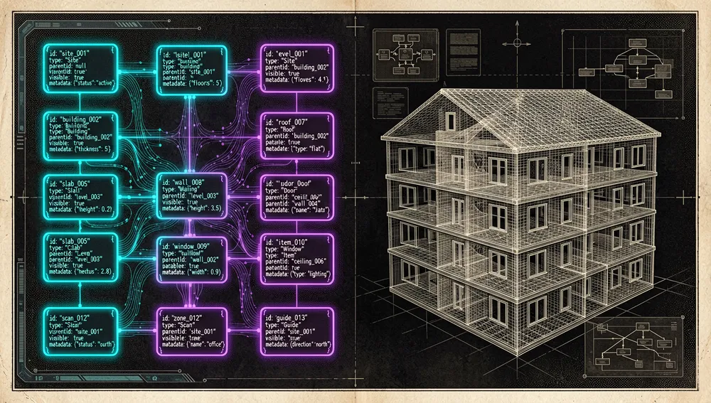 Detailed, dark-mode visualization of a parametric 3D building scene represented as a node graph rather than a mesh. Each architectural element appears as a glowing node: Site, Building, Level, Wall, Slab, Ceiling, Roof, Door, Window, Item, Zone, Scan, and Guide. Nodes are connected by neon data streams and labeled with JSON fields such as id, type, parentId, visible, and metadata. In the background, a wireframe house is being derived in real time from the node graph, with geometry emerging from parametric definitions. The scene uses dark mode, cyberpunk/tech aesthetic, neon cyan and violet accents, floating Zod schema icons, spatial hierarchy diagrams, holographic UI panels, ultra-detailed, 8K resolution.
