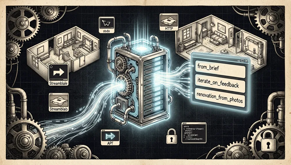 Cinematic image of an AI agent connected to a 3D architectural editor through an MCP server. A central glowing MCP server node exposes tools, resources, prompts, and a local SQLite scene store, with streams of data flowing to and from an autonomous AI agent. The agent is shown as a sleek cybernetic interface with prompt cards labeled "from_brief," "iterate_on_feedback," and "renovation_from_photos." In the background, a 3D apartment floor plan responds in real time as the agent creates walls, adds doors, places furniture, and adjusts materials. Include stdio and Streamable HTTP transport icons, API key tokens, secure endpoint symbols, and a hosted cloud connection. Dark mode, cyberpunk/tech aesthetic, neon accents, ultra-detailed, 8K resolution.