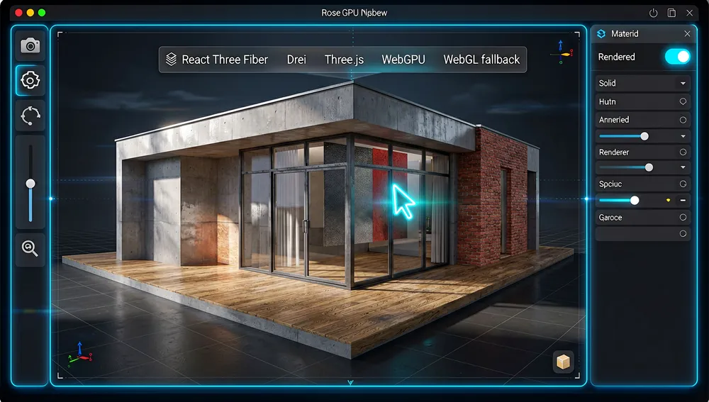 High-detail render of a WebGPU-powered 3D viewport inside a dark architectural editor. The viewport displays a modern house with realistic materials: polished concrete, oak flooring, glass windows, brick texture, metal frames, and soft shadows. Floating technical overlays show React Three Fiber, Drei, Three.js, WebGPU, and WebGL fallback indicators. A material painting mode is active, with a glowing paintbrush cursor applying a multi-surface material to a wall. The scene includes camera controls, orbit gizmos, post-process bloom, raytraced reflections, and a render mode switch between Solid and Rendered. Dark mode, cyberpunk/tech aesthetic, neon accents, ultra-detailed, 8K resolution.