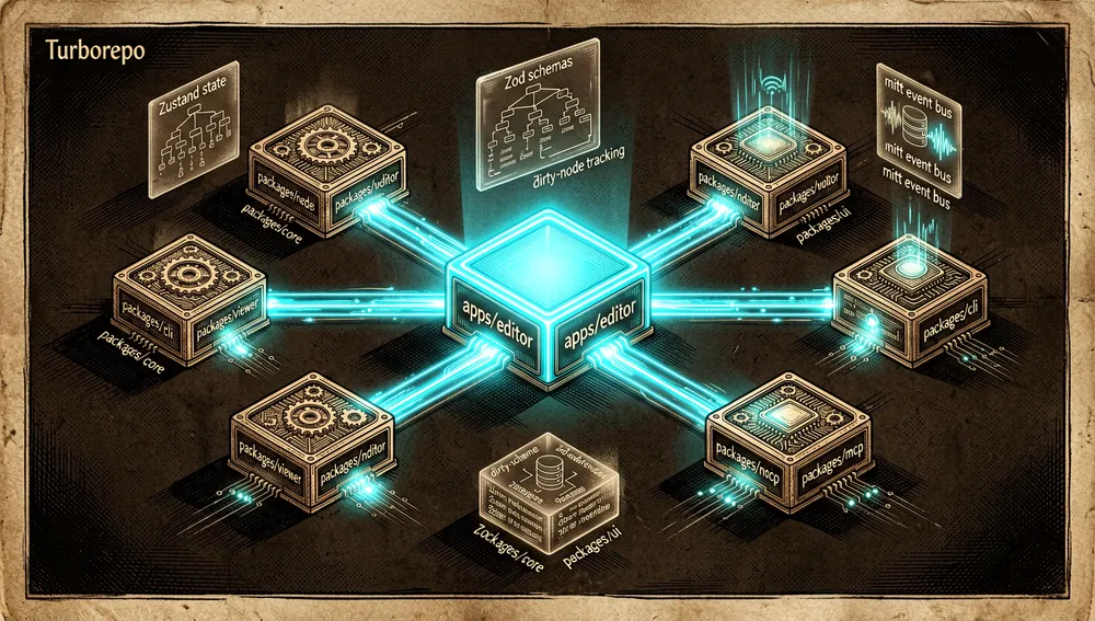Isometric cyberpunk diagram of a Turborepo monorepo for a 3D web editor. The structure is visualized as glowing modular blocks: apps/editor as a Next.js application, packages/core, packages/viewer, packages/editor, packages/nodes, packages/cli, packages/mcp, and packages/ui. Each block emits neon data streams representing schemas, state, rendering runtime, editing tools, node plugins, local CLI, MCP server, and shared UI components. Zustand state, Zod schemas, mitt event bus, dirty-node tracking, and IndexedDB persistence appear as holographic chips. The overall composition feels like a futuristic software architecture blueprint. Dark mode, cyberpunk/tech aesthetic, neon accents, ultra-detailed, 8K resolution.
