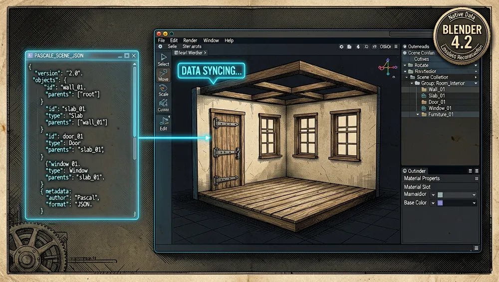 Dramatic image showing a Blender import pipeline reconstructing an editable 3D architectural model from Pascal scene JSON. On the left, a glowing JSON document contains parametric nodes, IDs, types, parents, and metadata. In the center, a drag-and-drop connector transfers the data into Blender 4.2, with native Blender objects forming walls, slabs, ceilings, doors, windows, and furniture. On the right, the rebuilt model remains fully editable, with outliner hierarchy, material slots, modifiers, and non-destructive geometry preserved. Include visual cues for lossless reconstruction, native Blender data, and a first-party plugin badge. Dark mode, cyberpunk/tech aesthetic, neon accents, ultra-detailed, 8K resolution.