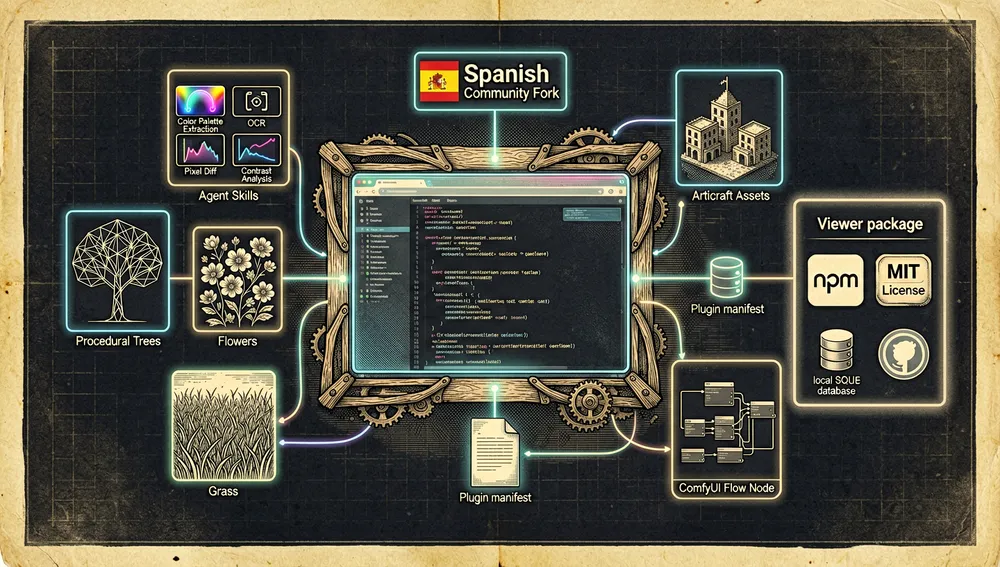 Vibrant ecosystem illustration of the Pascal editor plugin system and community integrations. Central to the image is a browser editor surrounded by floating plugin cards: procedural trees, flowers, grass, wooden framing bones, articraft assets, ComfyUI flow node, Spanish community fork, and agent skills for color palette extraction, OCR, pixel diff, and contrast analysis. Each plugin connects to the core editor through a glowing Plugin manifest, showing extensibility without internal APIs. The viewer package is highlighted as a standalone embeddable component, separated from the editor by a boundary line. Include npm package icons, MIT license badge, local SQLite database, and Discord community signal. Dark mode, cyberpunk/tech aesthetic, neon accents, ultra-detailed, 8K resolution.