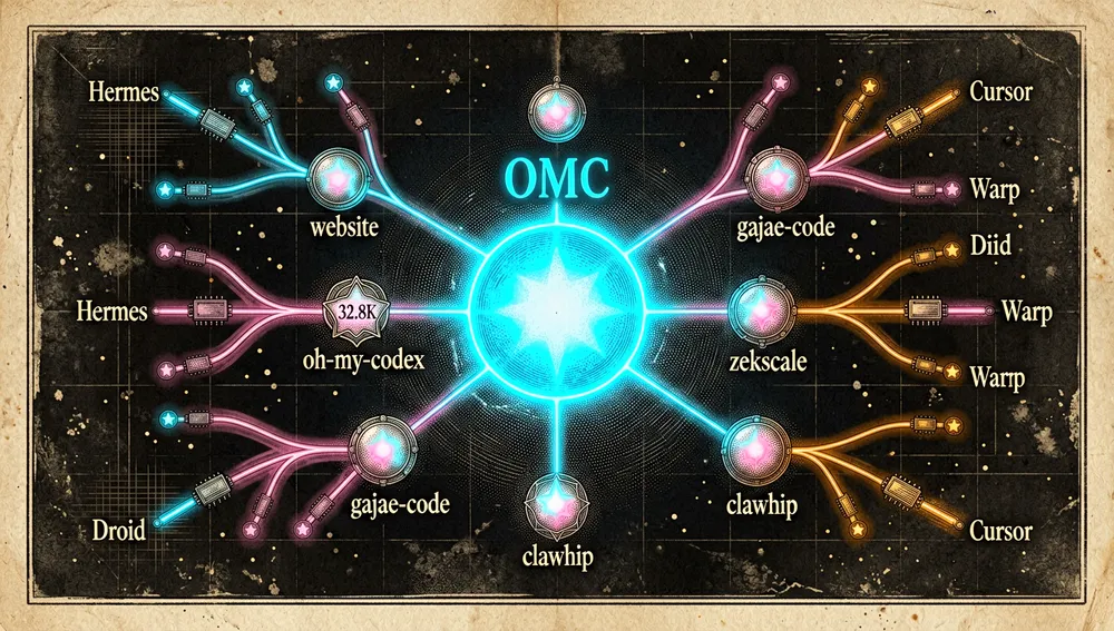 Una imagen de sección del ecosistema del proyecto: un mapa de constelación oscuro donde el repositorio principal es una estrella central brillante etiquetada «OMC», conectada a nodos de repositorio orbitantes como «oh-my-codex», «gajae-code», «clawhip», «website», «rusty-claude-code», «zeroclaw» y «tokscale». Cada nodo tiene una pequeña insignia brillante de conteo de estrellas, con la estrella principal mostrando «38K» y la hermana «oh-my-codex» mostrando «32.8K». Satélites ramificados representan puertos comunitarios a Hermes, Droid, Warp y Cursor, dibujados como chips neón más pequeños. El diseño se siente como un árbol genealógico de herramientas de código abierto. Modo oscuro, estética tecnológica cyberpunk, acentos neón azul, rosa y ámbar, ultra detallado, resolución 8K.