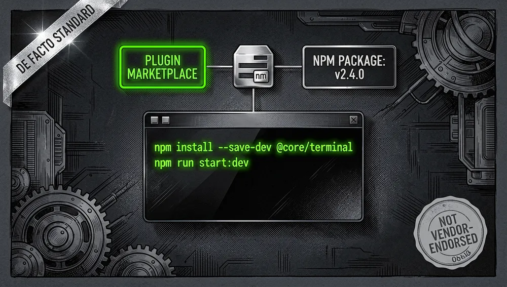 Una imagen de sección que explica la instalación y el estado: una ventana de terminal muestra dos comandos secuenciales como líneas brillantes, uno tras otro, con un icono de advertencia indicando que deben pegarse de uno en uno. Encima de la terminal, una insignia de marketplace de plugins y una caja de paquete npm flotan lado a lado, conectadas al repositorio principal. Un sutil sello «no respaldado por el vendor» aparece como un timbre gris neutro, mientras una cinta de «estándar de facto» brilla en la esquina. La imagen equilibra la compatibilidad oficial con el estatus impulsado por la comunidad. Modo oscuro, estética tecnológica cyberpunk, acentos neón verde y plateado, ultra detallado, resolución 8K.