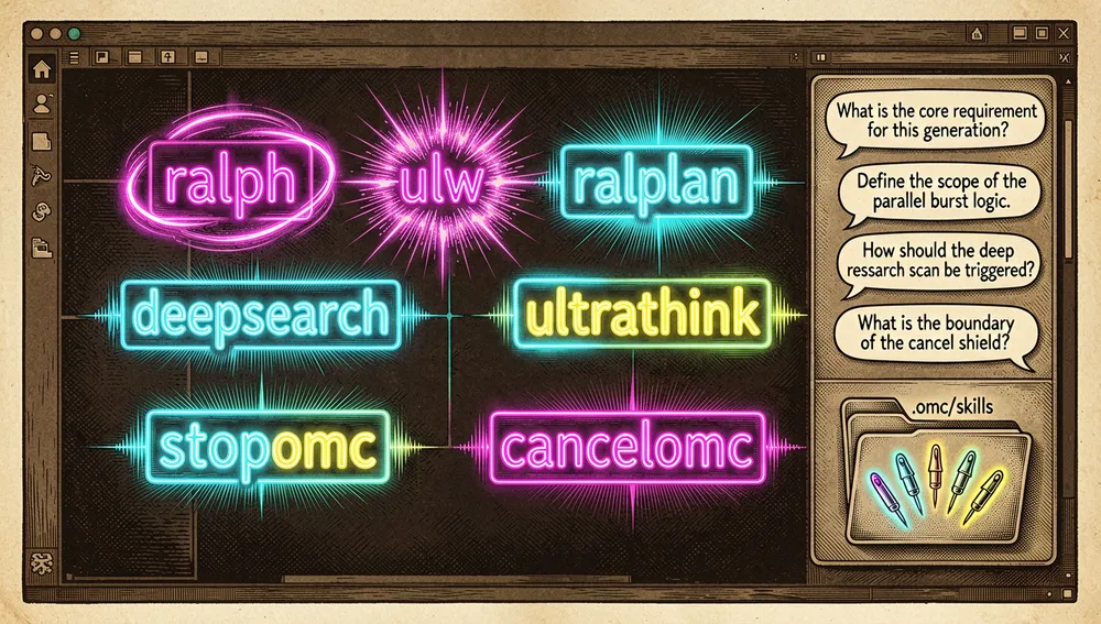 Una imagen de sección de palabras mágicas y hooks: sigilos neón flotantes con forma de tokens de comando —«ralph», «ulw», «ralplan», «deepsearch», «ultrathink», «stopomc», «cancelomc»— flotando sobre un IDE oscuro. Cuando se activa una palabra clave, emite un pulso que dispara una habilidad especializada: un bucle persistente, una ráfaga paralela, un escaneo de investigación profunda o un escudo de cancelación. A un lado, un panel de entrevista socrática muestra burbujas de pregunta pidiendo requisitos aclaratorios antes de la generación de código, con una pequeña carpeta «.omc/skills» y hooks de ciclo de vida representados como pines de evento brillantes. Modo oscuro, estética tecnológica cyberpunk, acentos neón magenta, cian y amarillo, ultra detallado, resolución 8K.