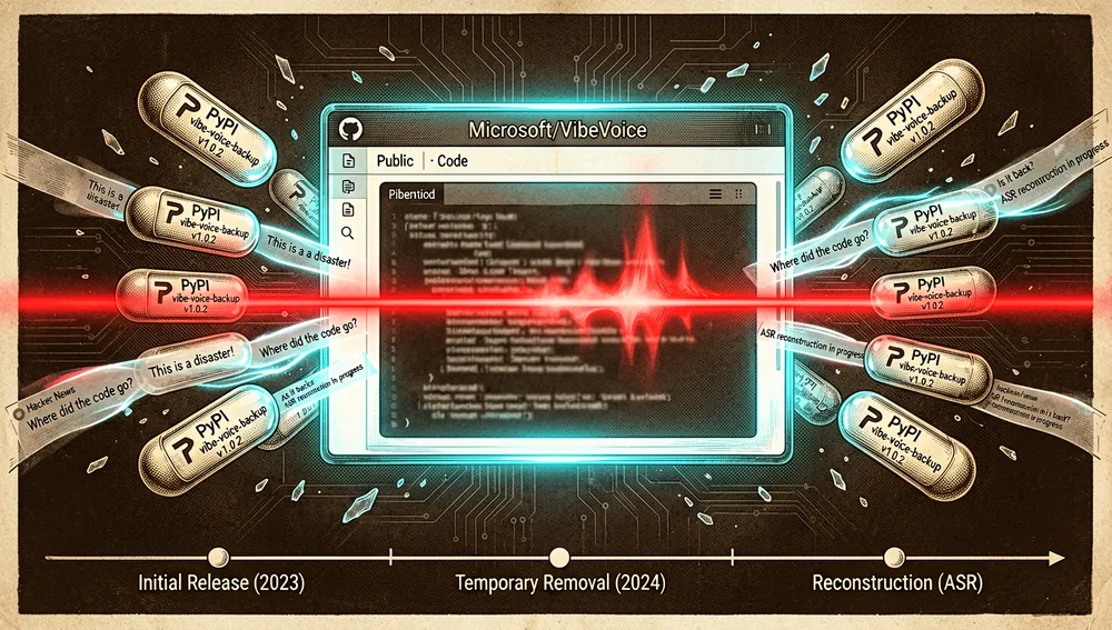Una visualización cyberpunk dramática del origen y la retirada temporal del repositorio Microsoft VibeVoice, un panel de repositorio estilo GitHub brillante suspendido en un vacío digital oscuro, un rayo de eliminación rojo barriendo la sección principal de código TTS, forks de respaldo emergiendo como constelaciones neón ramificadas, una pequeña cápsula de paquete PyPI flotando cerca como respaldo comunitario, hilos abstractos de comentarios de Hacker News representados como cintas translúcidas de luz, una línea de tiempo mostrando el lanzamiento inicial, la retirada y la reconstrucción posterior alrededor del ASR, modo oscuro, estética tecnológica cyberpunk, acentos neón, ultra detallado, resolución 8K