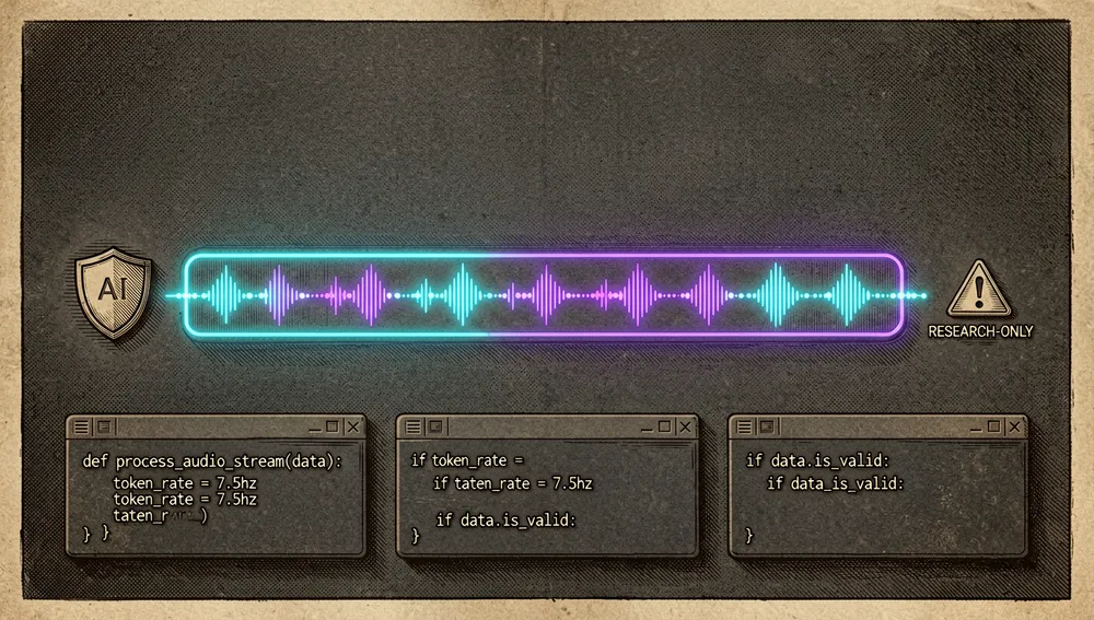 Una imagen conceptual de la filosofía de investigación primero y el principio de audio largo de VibeVoice, una interfaz minimalista en modo oscuro mostrando una ventana continua de 64K tokens como una larga pista brillante, pequeños tokens de voz continua a 7.5 Hz moviéndose en un flujo preciso de baja tasa, un icono de escudo representando el uso responsable de IA, un sutil glifo de advertencia indicando uso solo para investigación, paneles de código funcional limpios con sintaxis abstracta, sin desorden, diseño puramente funcional, elegantes líneas neón, modo oscuro, estética tecnológica cyberpunk, acentos neón cian y violeta, ultra detallado, resolución 8K