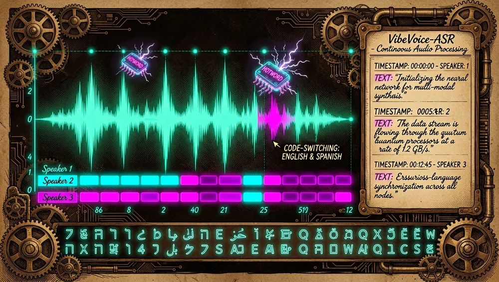 Una escena de alta tecnología representando VibeVoice-ASR, un archivo de audio continuo de 60 minutos siendo procesado en un solo pase, paneles de transcripción estructurada mostrando quién habló, cuándo ocurrió y qué se dijo, diarización de hablantes visualizada como carriles de voz codificados por color, marcadores de marca de tiempo brillando a lo largo de la forma de onda, tokens de palabras clave resaltados como pequeños chips neón, soporte multilingüe representado por glifos de idioma abstractos para más de 50 idiomas, cambio de código mostrado como colores de forma de onda mezclados, modo oscuro, estética tecnológica cyberpunk, acentos neón cian, verde y magenta, ultra detallado, resolución 8K