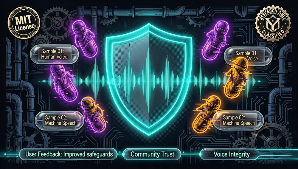 Una imagen temática de uso responsable y seguridad para VibeVoice, un escudo translúcido protegiendo una forma de onda de voz del mal uso, riesgo de deepfake representado como clones de voz distorsionados y con glitch siendo filtrados, cápsulas de muestra de voz embebidas mostradas como contenedores neón seguros, un sello de licencia MIT y una insignia de solo investigación renderizados como emblemas abstractos, flujos de retroalimentación comunitaria fluyendo desde la discusión pública hacia salvaguardas mejoradas, una composición equilibrada de apertura y responsabilidad, modo oscuro, estética tecnológica cyberpunk, acentos neón cian, violeta y ámbar, ultra detallado, resolución 8K