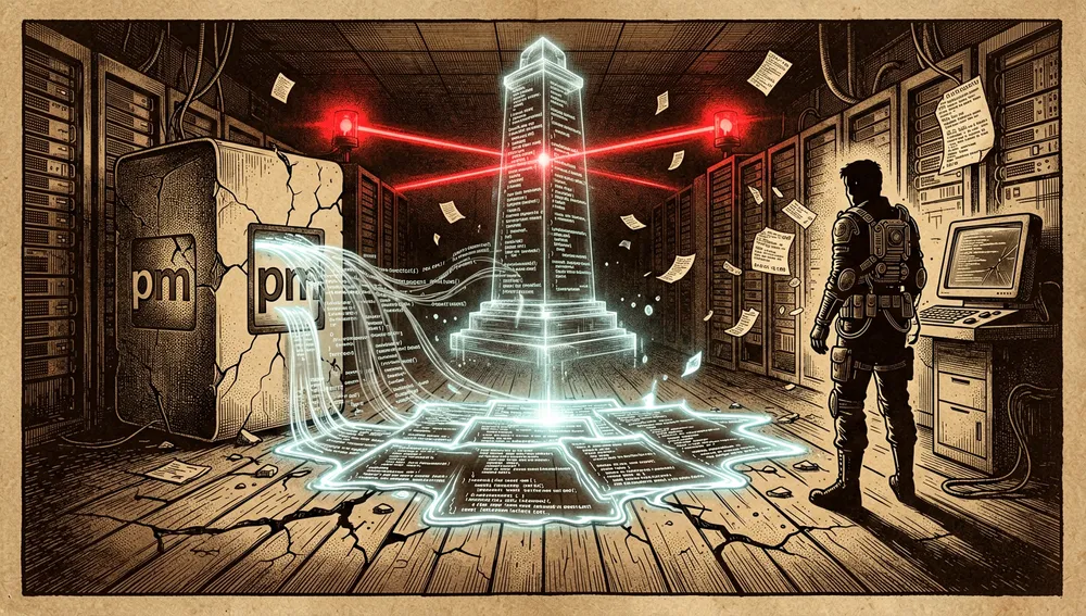 Eine dunkle, forensische Cyberpunk-Szene, die einen Software-Quellcode-Leak darstellt, eine massive leuchtende Source-Map-Datei ergießt sich wie flüssiges Neon-Plasma über den Boden eines schwarzen Serverraums, durchscheinende Codeströme fließen aus einem gesprungenen npm-Paketbehälter, abstrakte TypeScript-Zeilen bilden aufragende holografische Monolithe, rote DMCA-Takedown-Signale pulsieren im Hintergrund wie Warnlaser, die einsame Silhouette eines Sicherheitsforschers beobachtet den Vorfall von einem Terminal aus, schwebende Ereignisprotokolle und Zeitstempelfragmente wirbeln in der Luft, kein lesbarer Text, Dark Mode, Cyberpunk-/Tech-Ästhetik, Neon-Akzente, ultra-detailliert, 8K-Auflösung