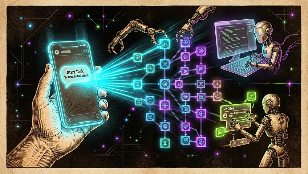 Eine filmische Dark-Mode-Visualisierung menschlicher Anleitung und autonomer Agentenausführung, ein kleines holografisches Smartphone sendet eine kurze leuchtende Nachricht in einen Discord-artigen Chatkanal, der in einer Neon-Leere schwebt, die Nachricht erweitert sich zu einem verzweigten Aufgabengraphen, robotische Claws und Agenten-Avatare materialisieren sich um den Graphen herum, jede Claw greift sich einen leuchtenden Aufgabenknoten und beginnt, Code zu schreiben, zu testen, zu überprüfen und Commits zu pushen, die Szene kontrastiert eine ruhige menschliche Geste mit einem riesigen koordinierten Schwarm von KI-Agenten, die parallel arbeiten, schwebende abstrakte Terminalfenster und Git-Commit-Spuren verbinden die Knoten, kein lesbarer Text, Dark Mode, Cyberpunk-/Tech-Ästhetik, Neon-Akzente, ultra-detailliert, 8K-Auflösung