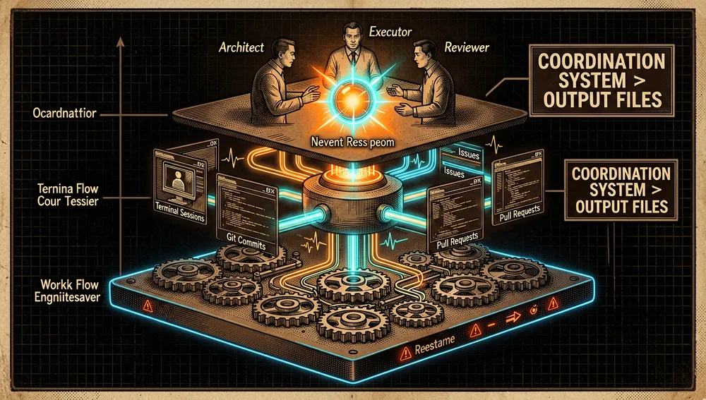 Ein detailliertes Cyberpunk-Systemarchitekturbild, das drei ineinandergreifende Koordinationsschichten über einem dunklen Raster schwebend zeigt, die erste Schicht ist eine Workflow-Engine mit Planungszahnrädern und Ausführungsschleifen, die zweite ist ein Ereignis-Router, der Pulse von Git-Commits, Terminalsitzungen, Issues, Pull-Requests und Agenten-Lifecycle-Signalen empfängt, die dritte ist eine Multi-Agenten-Koordinationskammer, in der die Rollen Architect, Executor und Reviewer um einen leuchtenden Entscheidungskern verhandeln, neonfarbene Datenrohre verbinden die Schichten, Warnlichter zeigen Fehlerwiederherstellung an, die Komposition betont, dass das Koordinationssystem wichtiger ist als die Ausgabedateien, kein lesbarer Text, Dark Mode, Cyberpunk-/Tech-Ästhetik, Neon-Akzente, ultra-detailliert, 8K-Auflösung