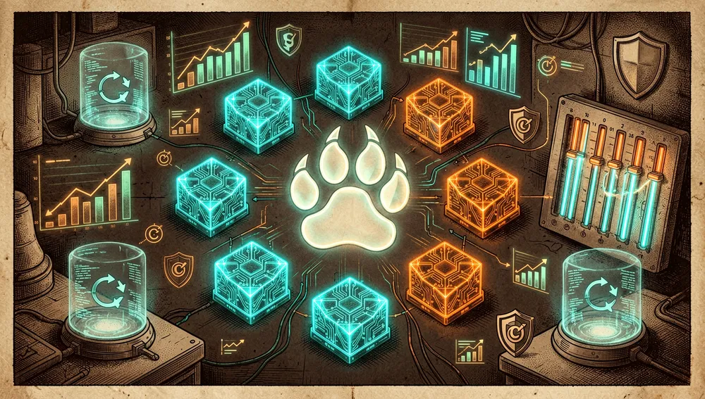 Eine hyper-detaillierte Rust-Workspace-Visualisierung im Dark Mode, neun leuchtende Rust-Crate-Module, angeordnet als kristalliner Schaltkreis um ein zentrales Claw-Binary, jedes Crate pulsiert mit cyanfarbenem und orangefarbenem Licht, ein deterministisches Mock-Service-Modul führt skriptbasierte Testszenarien als kleine wiederholende holografische Kammern aus, Commit-Spuren und Zeilenzahl-Zähler steigen als abstrakte Neon-Balken auf, ein Paritäts-Dashboard zeigt neun integrierte Lanes als beleuchtete Spuren, die Szene vermittelt einen reifen, auditierbaren, maschinenlesbaren Coding-Harness, schwebende abstrakte Testergebnisse und Berechtigungsschilde umkreisen den Workspace, kein lesbarer Text, Dark Mode, Cyberpunk-/Tech-Ästhetik, Neon-Akzente, ultra-detailliert, 8K-Auflösung