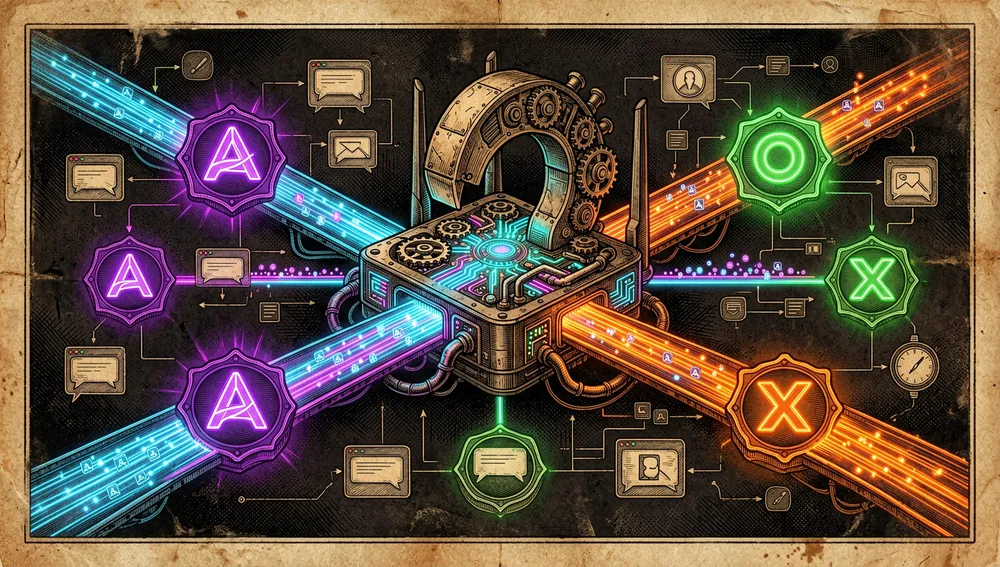Ein Cyberpunk-Multi-Provider-Modell-Routing-Netzwerk im Dark Mode, ein zentraler klauenförmiger Router verteilt neonfarbene Anfrageströme an abstrakte Anbieterknoten, die Anthropic, OpenAI-kompatible Endpunkte, OpenRouter, Ollama, xAI und Qwen darstellen, jeder Knoten leuchtet in einer anderen Akzentfarbe, Modell-Alias-Beschriftungen erscheinen als abstrakte Symbolabzeichen statt lesbarer Wörter, Berechtigungsschranken und Streaming-Query-Pakete reisen entlang von Glasfaser-Datenautobahnen, die Komposition betont flexible Anbieterabstraktion, Sitzungsspeicher und MCP-Integration, der Hintergrund zeigt ein dunkles Raster mit schwebenden Sitzungscontainern und Tool-Call-Spuren, kein lesbarer Text, Dark Mode, Cyberpunk-/Tech-Ästhetik, Neon-Akzente, ultra-detailliert, 8K-Auflösung