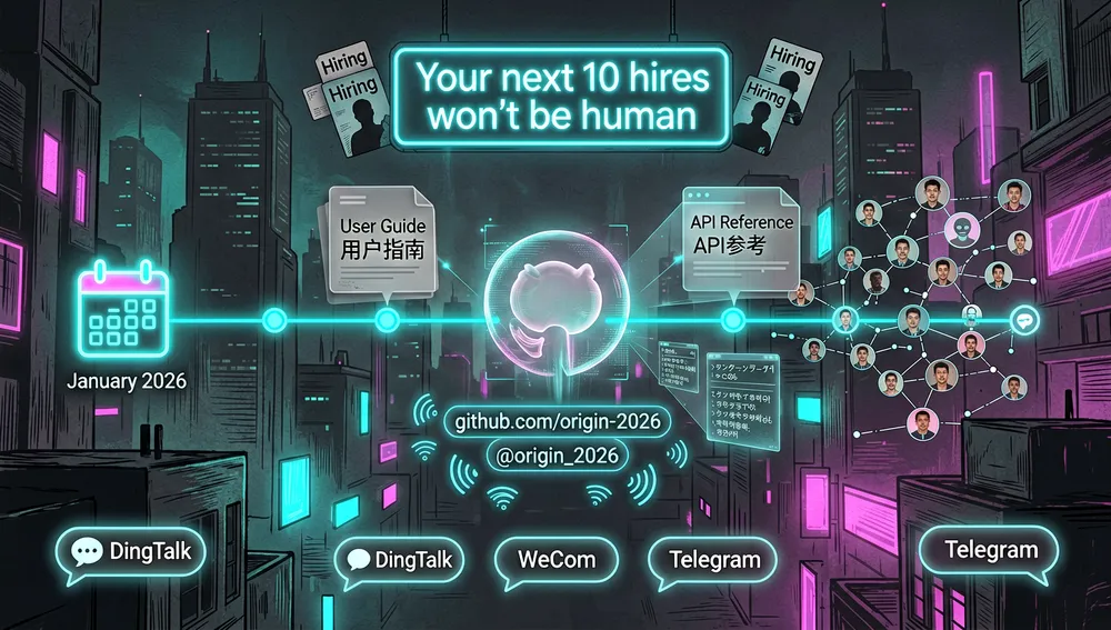 Una infografía detallada estilo cyberpunk en modo oscuro que ilustra el origen de un repositorio de GitHub de código abierto de 2026. Una línea de tiempo de commits brillante recorre un paisaje urbano neón, comenzando con un nodo de primer commit brillante marcado con iconos de calendario abstractos para enero de 2026, expandiéndose en una densa constelación de avatares de contribuidores y ramas de commits. En el centro, un emblema holográfico de organización de GitHub aparece como una insignia sutil, con una URL de sitio web flotante y un identificador social representado por glifos de comunicación abstractos. Paneles de documentación bilingües en inglés y chino simplificado, más hologramas más pequeños de japonés y coreano, se despliegan desde una cápsula de lanzamiento central. Un letrero de eslogan neón dice «Your next 10 hires won't be human» en tipografía futurista limpia, rodeado de pequeñas tarjetas de contratación, siluetas de agentes e integraciones de comunicación del mercado asiático mostradas como burbujas de chat suaves y brillantes para DingTalk, WeCom y Telegram. Fondo carbón oscuro, acentos neón cian y magenta, ultra detallado, profundidad cinematográfica, resolución 8K.