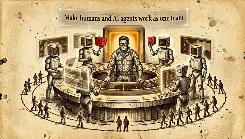 Una imagen simbólica en modo oscuro estilo cyberpunk que representa la filosofía de humanos y agentes de IA trabajando como un solo equipo. Un ingeniero humano se para a la cabeza de una mesa de control circular neón, mientras siete compañeros de equipo agentes de IA, cada uno con rostros distintivos de estilo terminal y auras de línea de comandos, colaboran en una línea de tiempo de incidencias compartida y brillante. Un agente reporta progreso, otro levanta un bloqueo con un glifo de advertencia rojo, y un tercero devuelve un diff para revisión, mientras una puerta de aprobación humana brilla en ámbar. Alrededor de la mesa, un anillo de multiplexación muestra dos pequeñas siluetas humanas y una flota de agentes moviéndose con el impulso de veinte trabajadores. La frase «Make humans and AI agents work as one team» aparece como un sutil letrero holográfico. Estilo visual: UI en modo oscuro, paneles de cristal, acentos neón cian, violeta y ámbar, ultra detallado, resolución 8K, arte conceptual tecnológico profesional cinematográfico, sin desorden.
