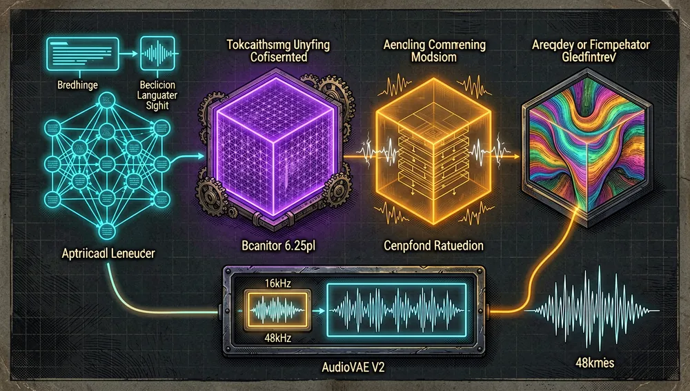 Una visualización arquitectónica detallada isométrica en modo oscuro estilo cyberpunk de una arquitectura de síntesis de voz de cuatro etapas sin tokenizador. Cuatro etapas modulares brillantes se disponen en un pipeline: un codificador local que fusiona texto y audio de referencia opcional en un único flujo de vectores continuo, un backbone de lenguaje autorregresivo de 2B decidiendo parches de audio a 6,25 Hz, un modelo de refinamiento residual añadiendo detalle prosódico, y un pintor de difusión o flow-matching renderizando cada parche de audio latente. El espacio latente se muestra como un campo continuo suave, no tokens discretos, con un decodificador asimétrico AudioVAE V2 translúcido convirtiendo audio latente de 16 kHz en una forma de onda nítida de 48 kHz. Acentos neón cian, violeta y ámbar, fondo de cuadrícula oscura, ultra detallado, resolución 8K, sin texto legible, solo iconos de módulo abstractos.
