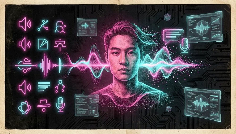 Una imagen conceptual en modo oscuro estilo cyberpunk sobre diseño de voz por descripción en lenguaje natural. Una burbuja de habla brillante y un icono de micrófono se disuelven en un nuevo retrato de voz sintetizada hecho de partículas suaves de forma de onda neón. A la izquierda, palabras descriptivas abstractas aparecen como glifos luminosos flotantes, sin clip de audio de referencia presente, enfatizando la creación de voz solo por texto. La voz emergente tiene un timbre cálido y suave representado por una forma de onda cian y magenta suave, mientras 30 nodos de idioma flotan en el fondo. Fondo tecnológico oscuro, paneles de UI holográficos, acentos neón, ultra detallado, resolución 8K, sin texto legible.